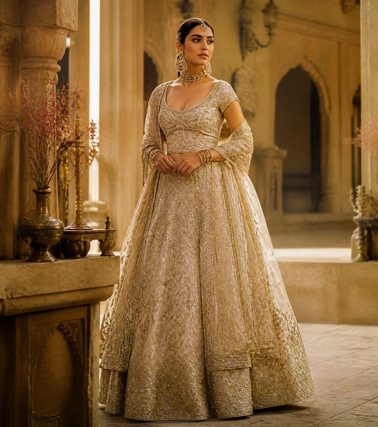 Bride wearing an ivory and gold hand-embroidered lehenga in a heritage courtyard